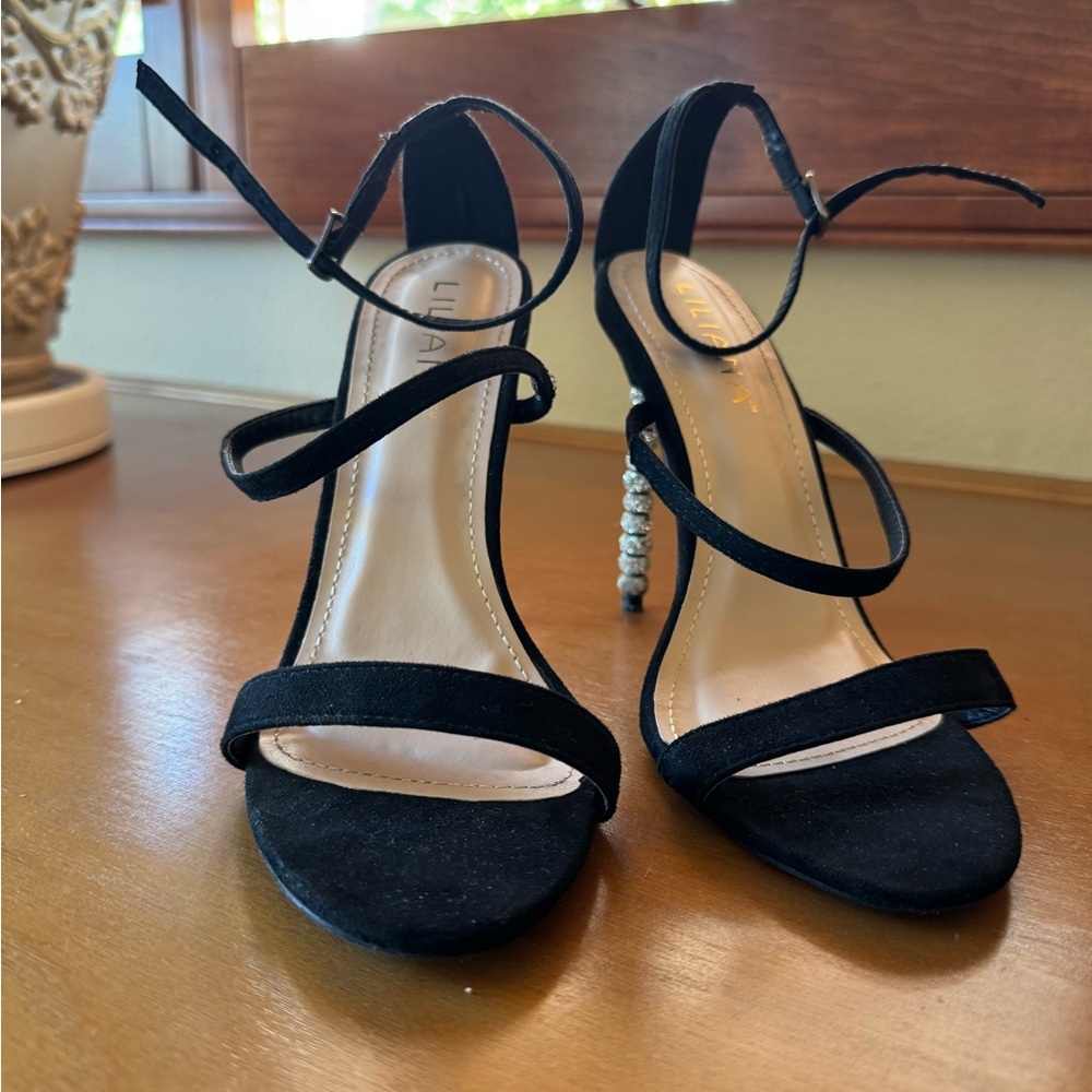 Liliana Heels Black Strappy Heels with Rhinestone Detail